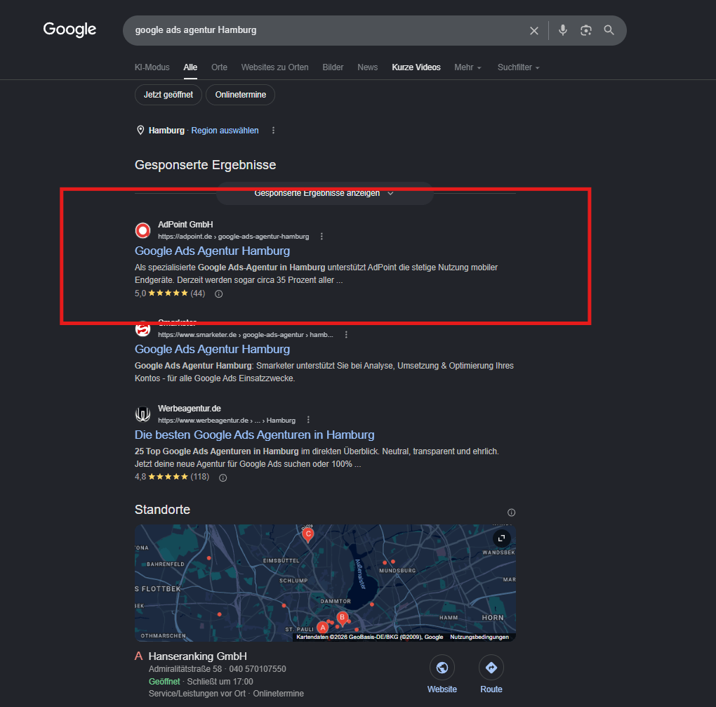 Google-Suchergebnis für Google Ads Agentur Hamburg mit AdPoint vorn