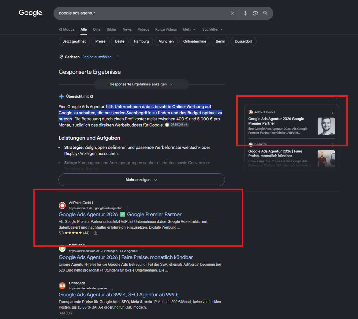 Google-Suchergebnis mit AdPoint auf Platz 1 für Google Ads Agentur