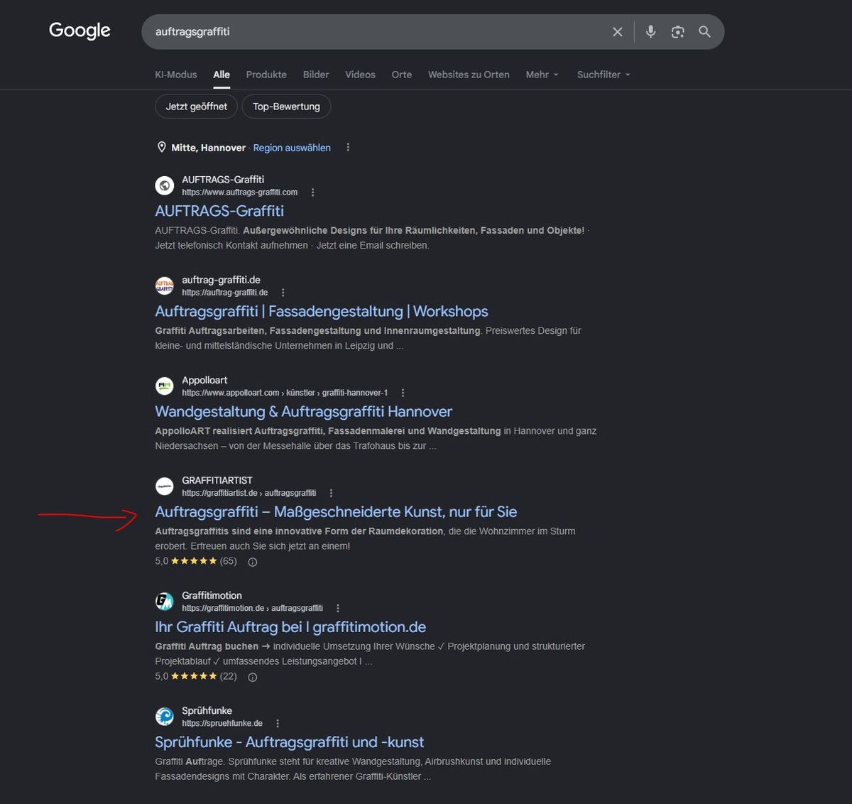 Google-Ranking von Graffitiartist.de für den Suchbegriff Auftragsgraffiti