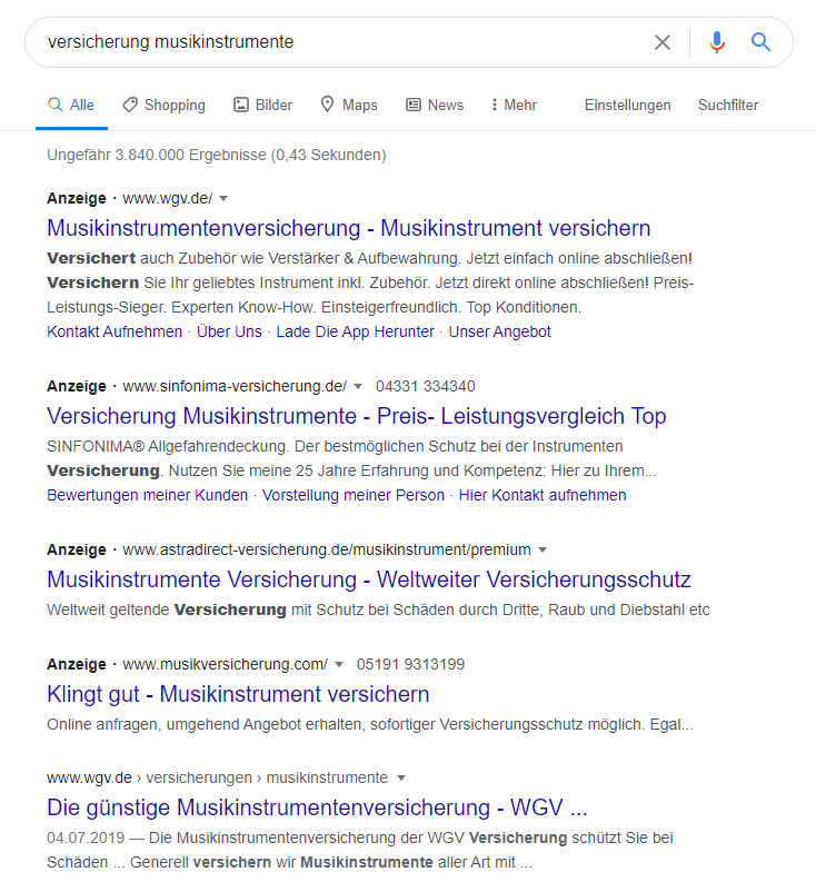 Google Ads über den natürlichen Suchergebnissen