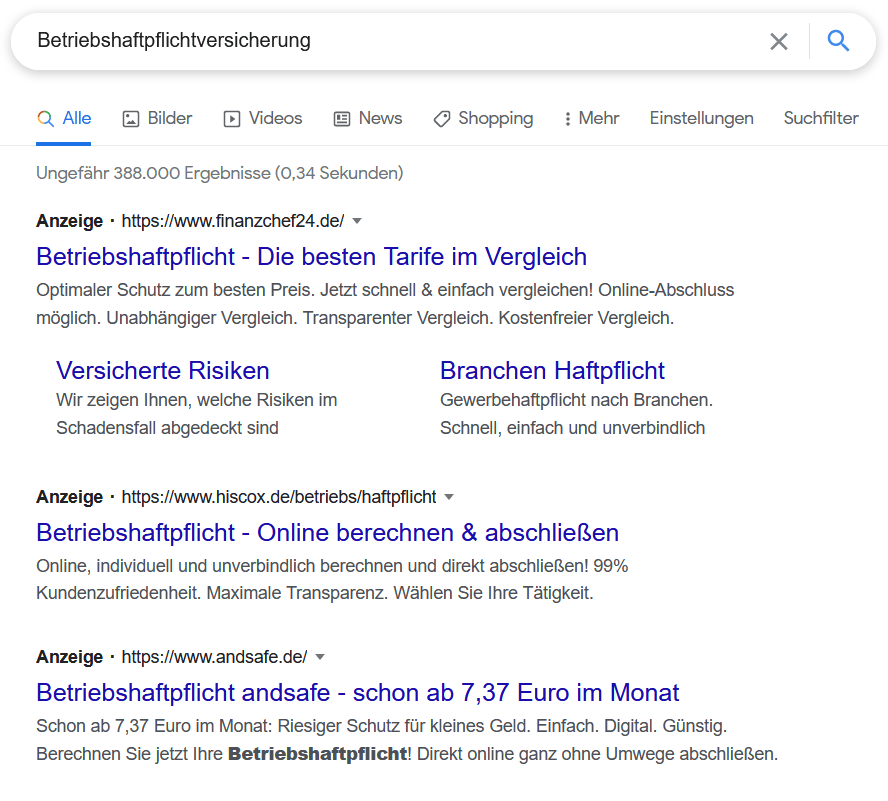 Google Ads: Anzeigen, welche Webseiten noch über den organischen Suchergebnissen ranked