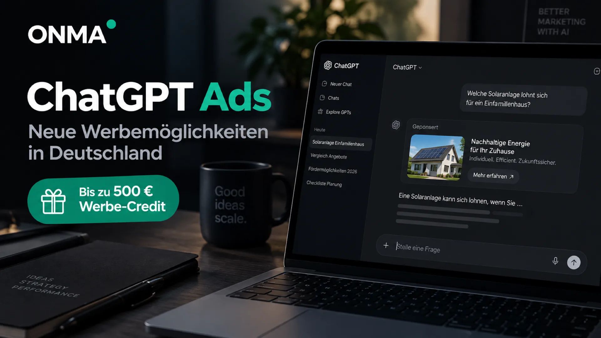 ChatGPT Ads in Deutschland – ChatGPT-Oberfläche mit gesponserter Anzeige und Hinweis auf bis zu 500 € Werbe-Credit