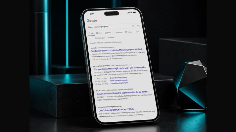 Smartphone auf dunklem Untergrund, auf dem Display eine Google-Trefferliste zur Suche „Online Marketing Experte“