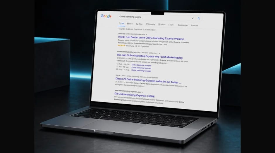 Aufgeklappter Laptop auf dunklem Untergrund, auf dem Bildschirm eine Google-Trefferliste zur Suche „Online Marketing Experte“