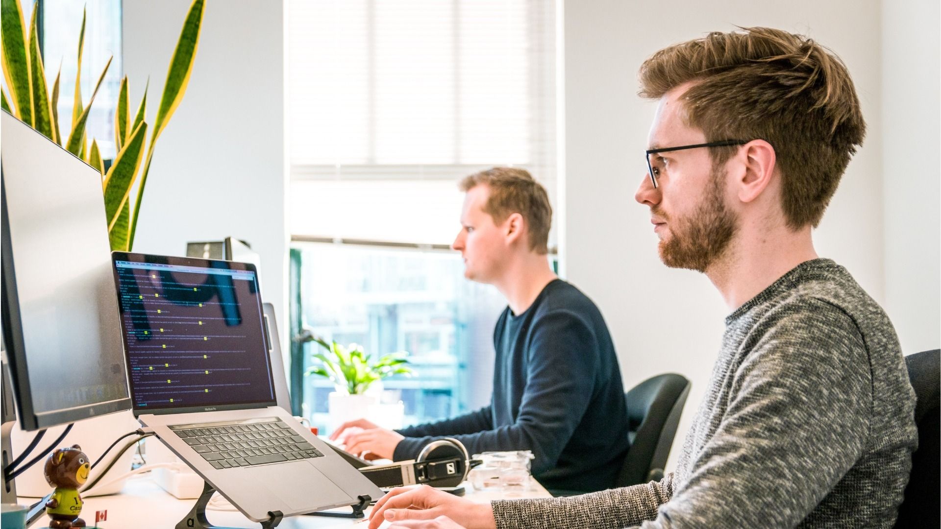 Zwei Männer arbeiten in einem hellen Büro nebeneinander am Laptop, auf dem Bildschirm Programmcode