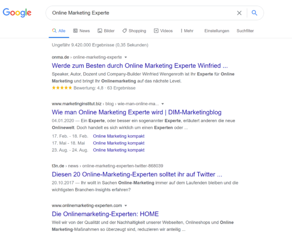 Abbildung 1: Unter "Online Marketing Experte" finden Sie uns direkt auf Googles erstem Platz.