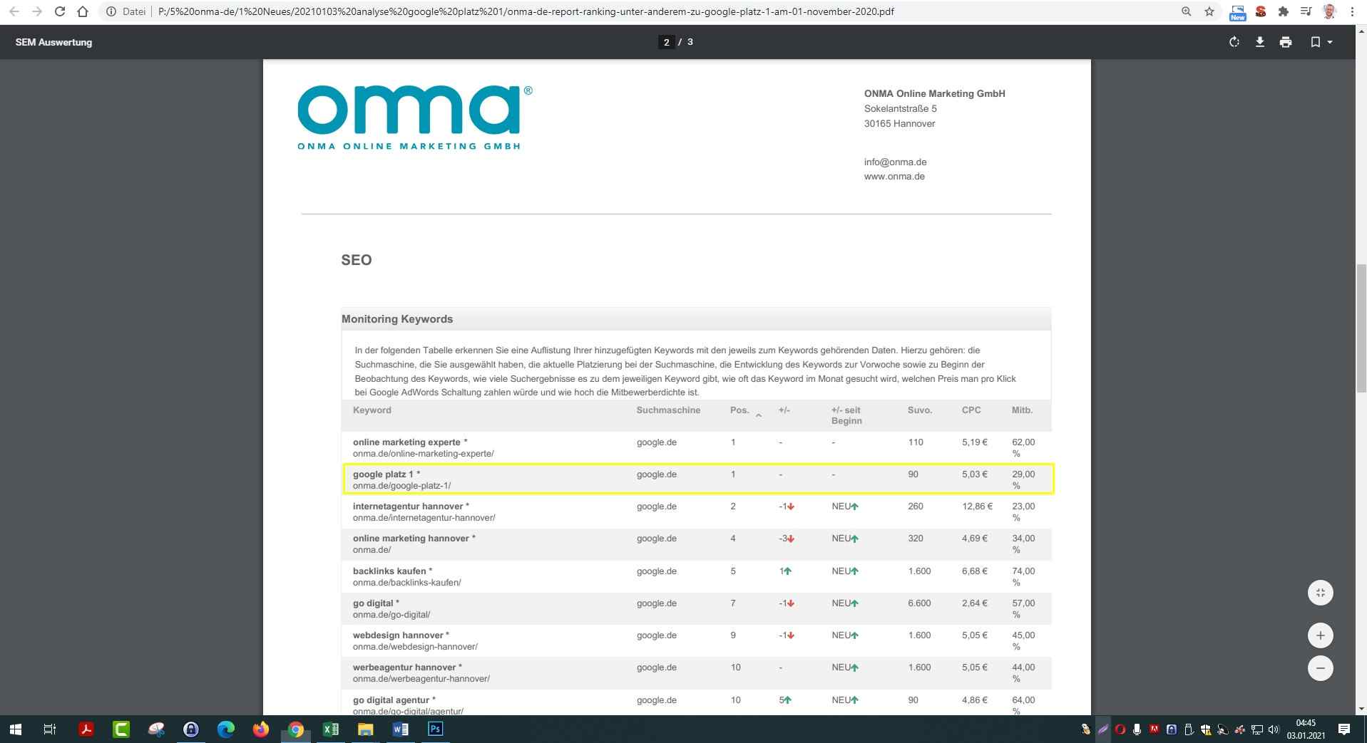 keyword ranking google platz 1 vom onma report